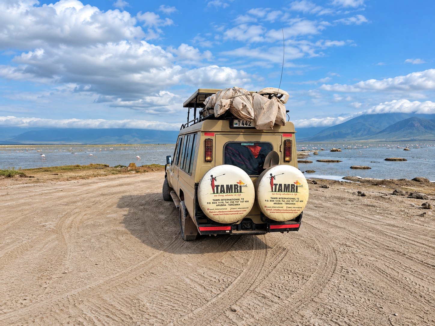 Tamri International safari Land Cruiser beside a flamingo lagoon