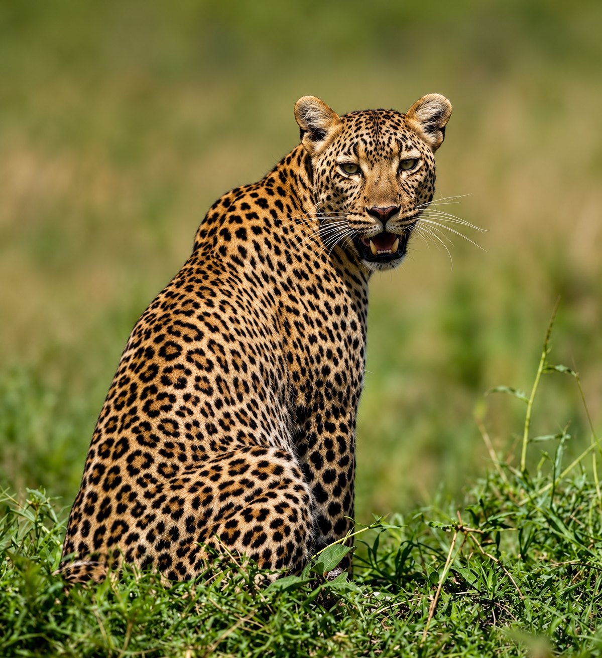 Leopard sitting in savannah grass